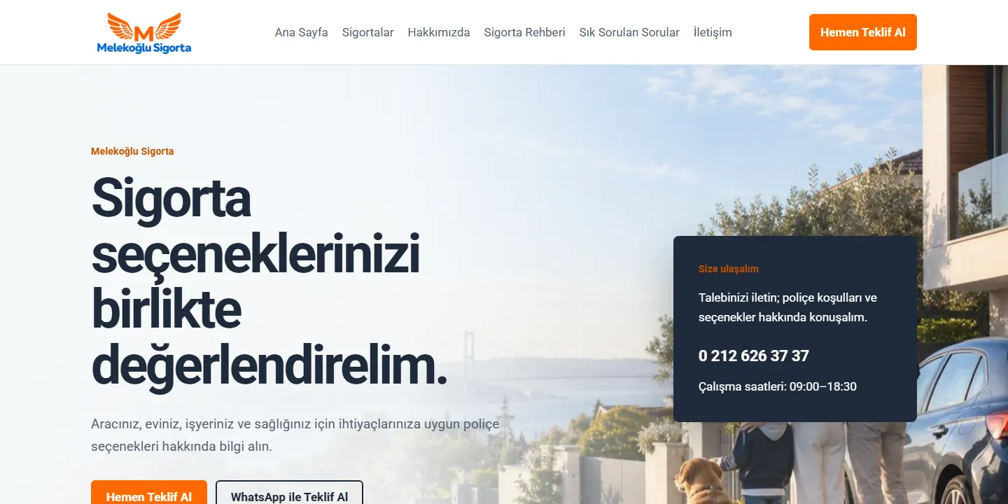 melekoglusigorta.com ana sayfasının ekran görüntüsü